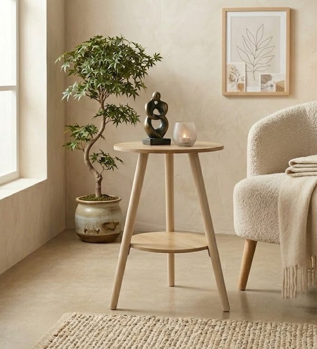 Houten Bijzettafel Rond – 2-Niveaus Salontafel & Plantenrek – Scandinavisch Interieur – Ø 38 x 55 cm