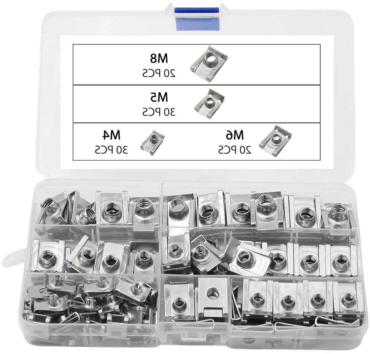 Complete Set van 100 U-Type Plaatmoeren in RVS M4 M5 M6 M8 met Opbergdoos voor Reparaties aan Deuren, Interieur en Dakpanelen