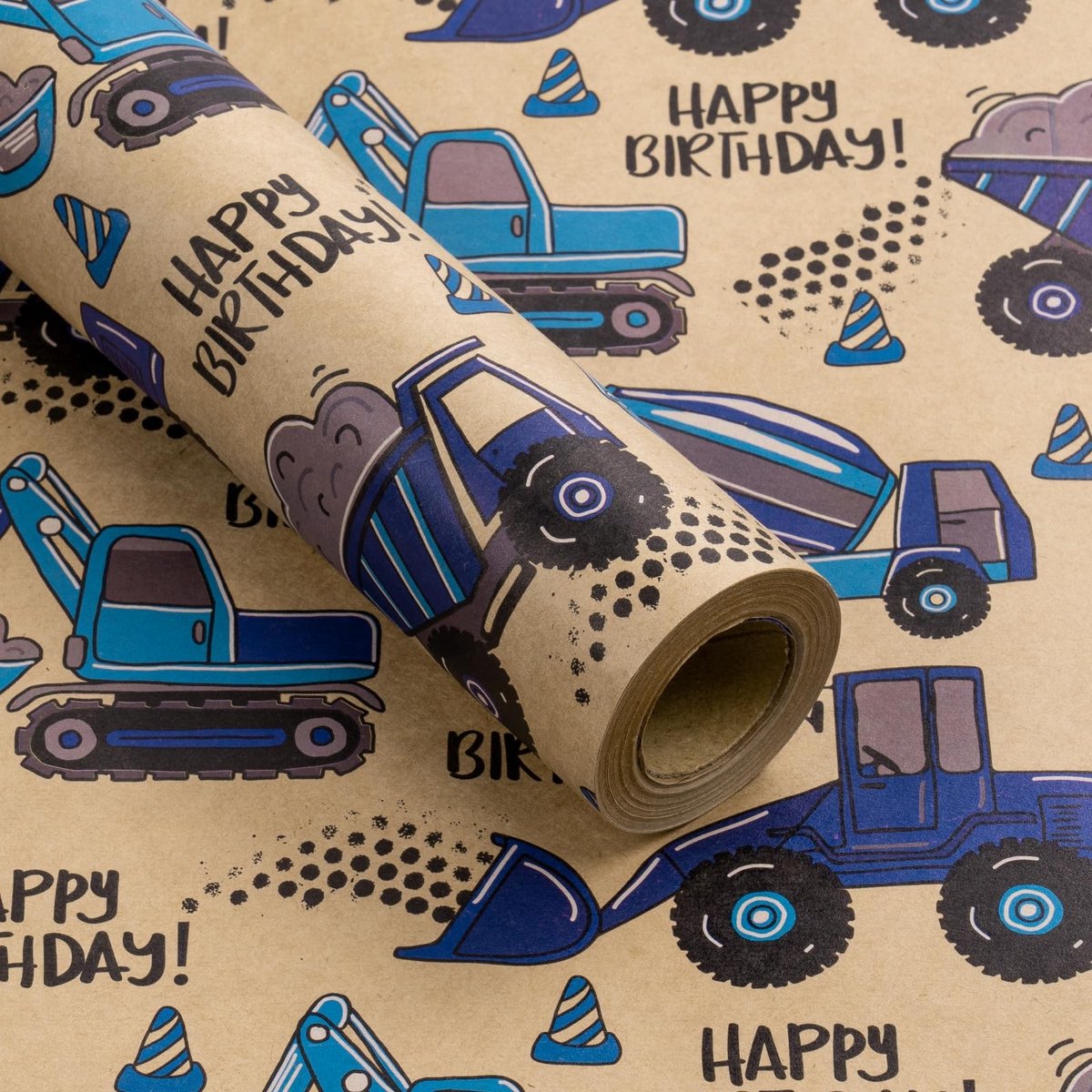 Dailygoody - Kinderinpakpapier - Verjaardag - Vrachtwagen ontwerp - Blauw - Kraftpapier - Leuk voor jongens - Mini-rol 40 x 40 cm