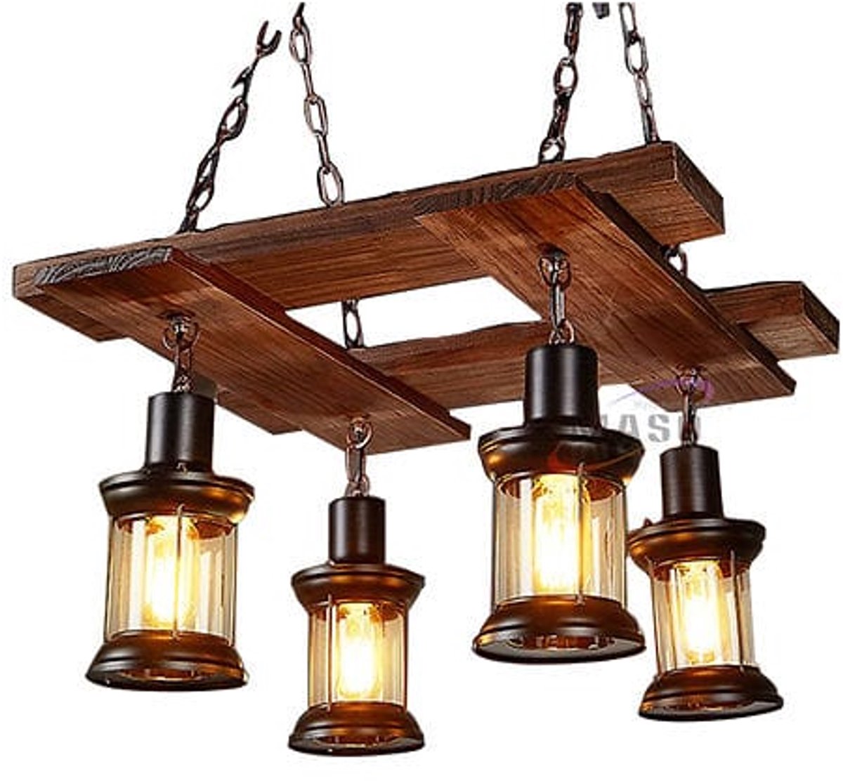 Industriële Hanglamp Hout - 4 Lichtpunten - Vintage Rustieke Eettafel Verlichting - Robuust Hout & Zwart Metaal - Verstelbaar - Exclusief Lichtbronnen