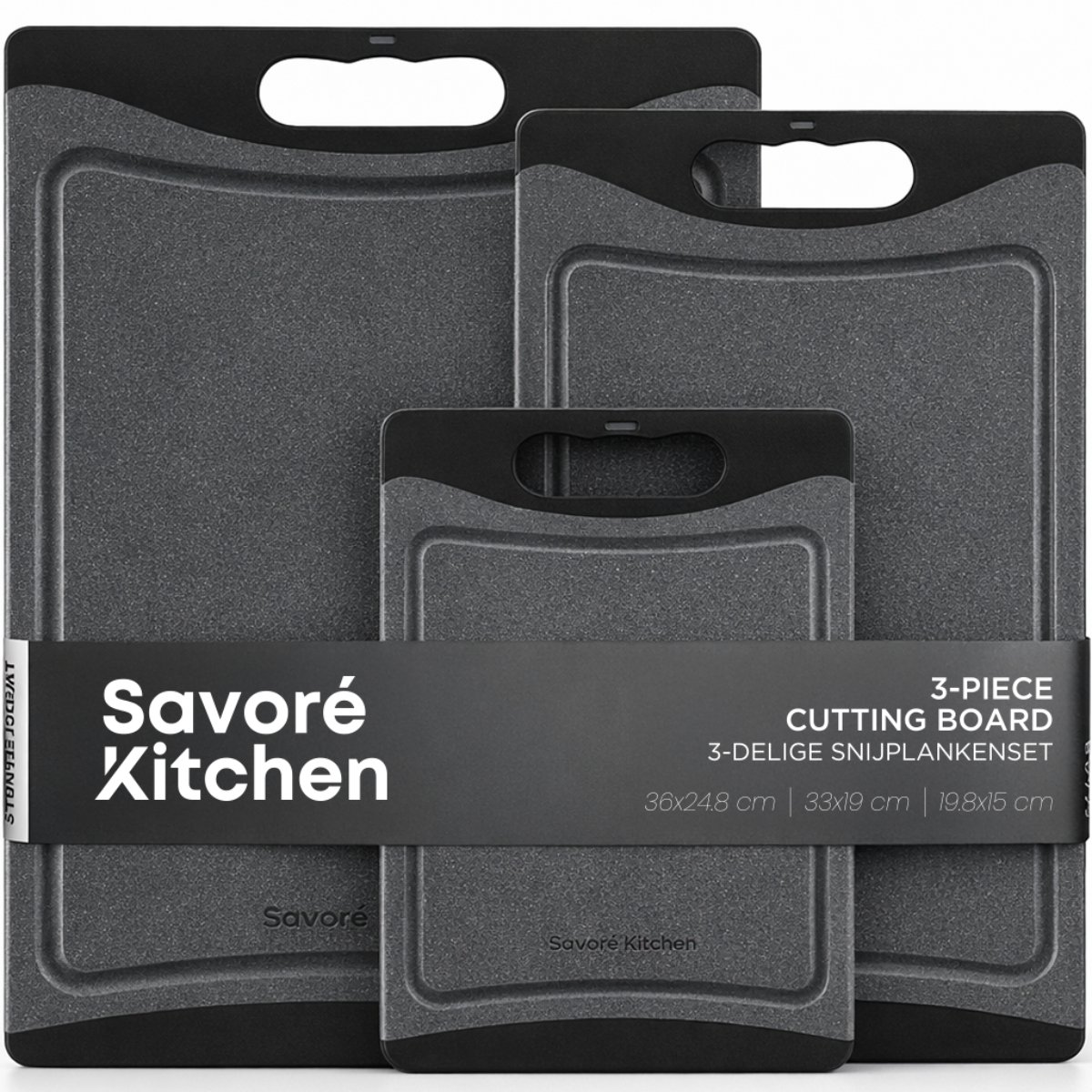 Savoré Kitchen Snijplankenset 3-Delig – Kunststof Snijplanken BPA-vrij met Sapgroef en Handvat – Snijplank 36, 33 & 20 cm