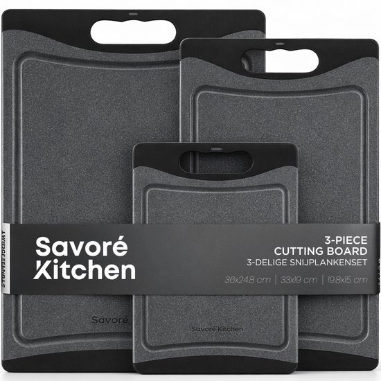 Savoré Kitchen Ensemble de planches à découper 3 pièces – Planches à découper en plastique sans BPA avec rainure à jus et poignée – Planche à découper 36, 33 & 20 cm