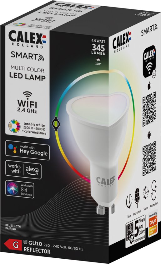 Calex Smart LED lamp met GU10 fitting, 4.9W, 345 lumen, RGB en instelbaar wit licht, werkt met WiFi, Google Assistant, Alexa en Siri.