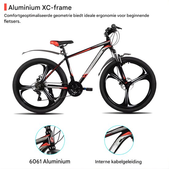 Mountainbike - Voor heren en dames - 18 versnellingen / 3 spaken / schijfremfiets - Aluminium / Oranje / 66 cm van Merkloos — afbeelding 3
