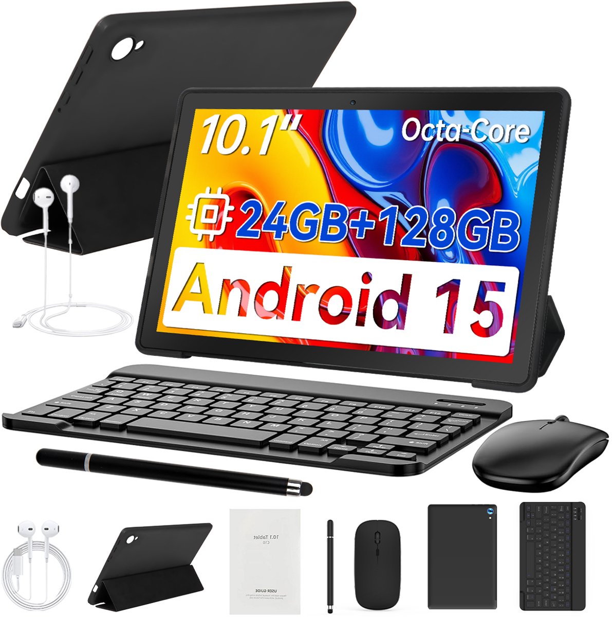 10.1 inch Kindertablet - Android 15 tablet - 24(4+20)GB RAM/128GB ROM - Wifi 6 - Met Toetsenbord, Muis, Oordopjes & Bescherming – Perfect Voor School & Thuiswerken & Reizen - Zwart