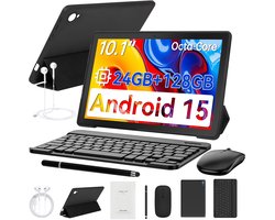 10.1 inch Kindertablet - Android 15 tablet - 24(4+20)GB RAM/128GB ROM - Wifi 6 - Met Toetsenbord, Muis, Oordopjes & Bescherming – Perfect Voor School & Thuiswerken & Reizen - Zwart