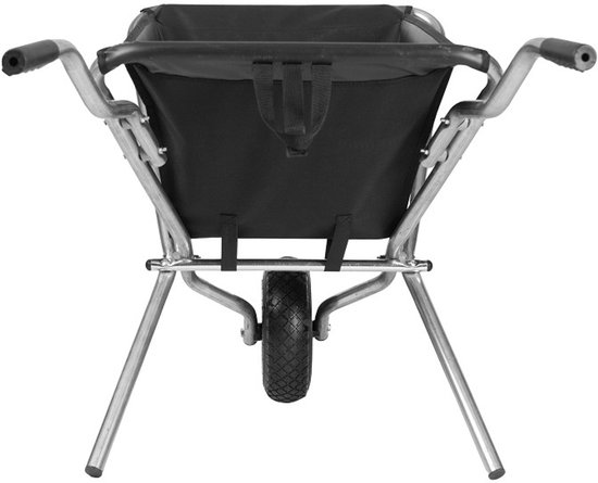 Vooraanzicht van een opvouwbare zwarte kruiwagen met zilverkleurig frame en één wiel.