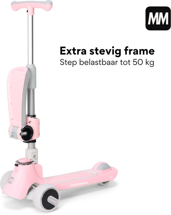 Roze step met grijze zitting. Extra stevig frame, step belastbaar tot 50 kg.