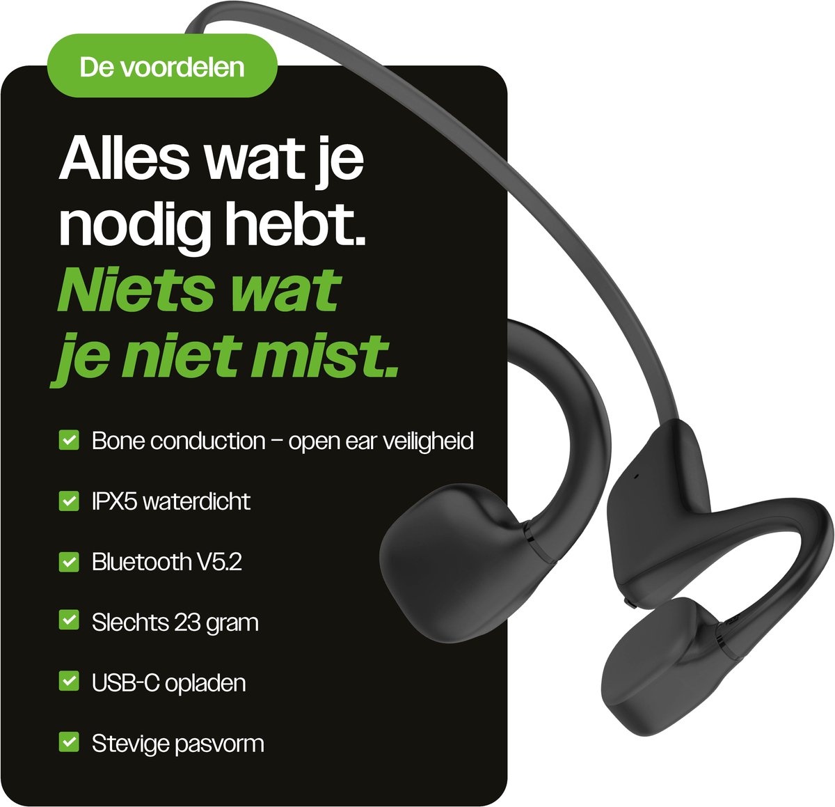 REBØNE Core Bone Conduction Headphone - Sport Oortjes Draadloos - Hardloop Hoofdtelefoon - Draadloze Bluetooth Koptelefoon - Sportoordopjes - Draadloos - Hardlopen - Open Ear - Wireless - IPX5 waterdicht / Zwart — afbeelding 4
