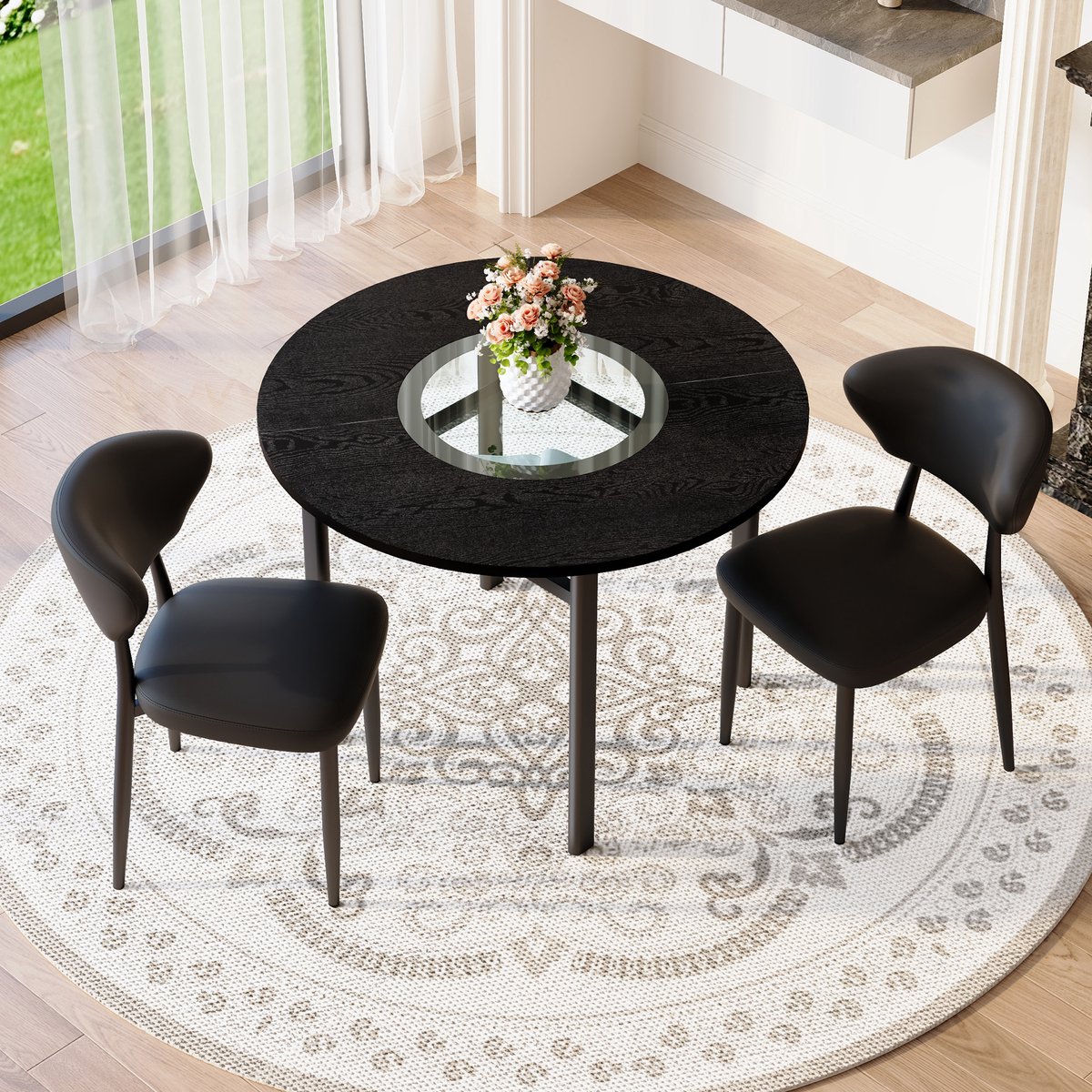 MIVRAY Eettafelset 100 Cm - Ronde Tafel Met 2 Stoelen En Glazen Inleg - Voor Eetkamer En W