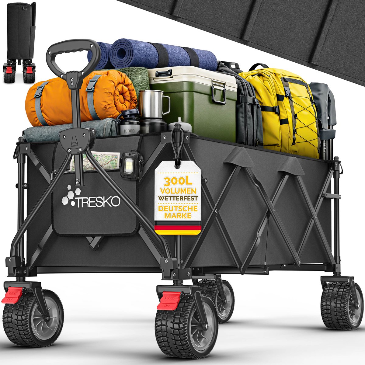 TRESKO® Bolderwagen opvouwbaar 300L met rem | Handwagen inklapbaar 150kg incl. massief rubberen banden | Opvouwbare strandwagen extra brede all-terrain wielen | Transportwagen met draagtas