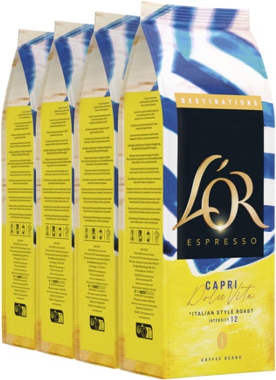 Vier pakken L'OR Espresso Capri Dolce Vita, 450g. Geel met blauwe en witte strepen, L'OR Espresso logo.