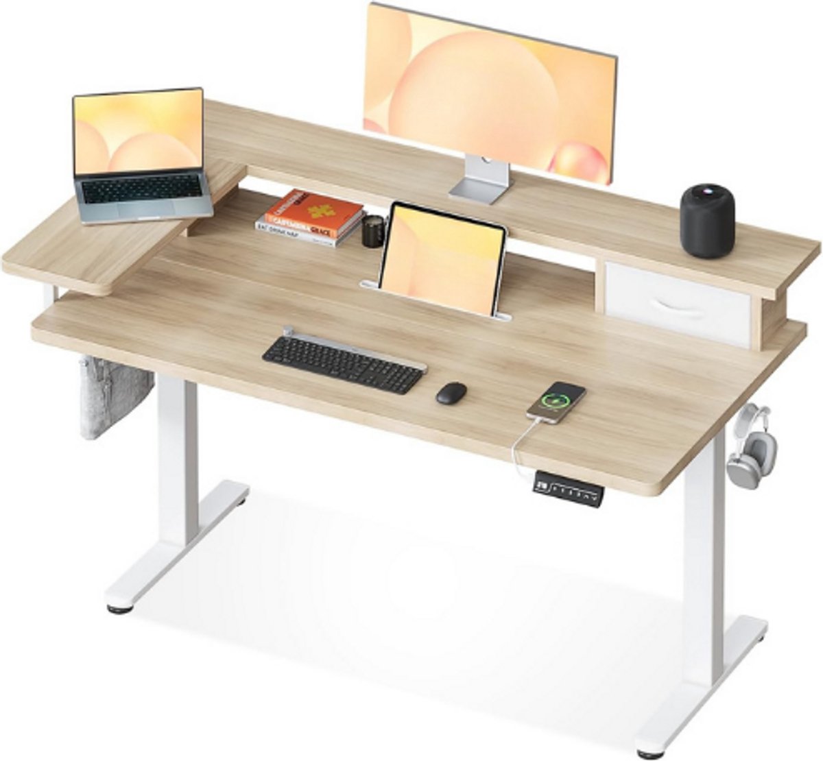 OffiGo Elektrisch Sta Bureau 120 X 60 Cm - In Hoogte Verstelbaar Bureau Met L Monitorhouder En Lade - USB Aansluiting - Ergonomische Zit Sta Werkplek - Beige Design Voor Thuiswerk En Kantoor
