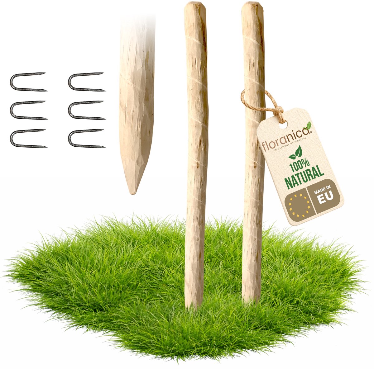 Floranica 2 x hazelnoot houten paal hoogte 150 cm, houten paal voor prieelhek, kastanjehek, houten palen, boomsteun, puntige houten paal, boompaal, steunpaal