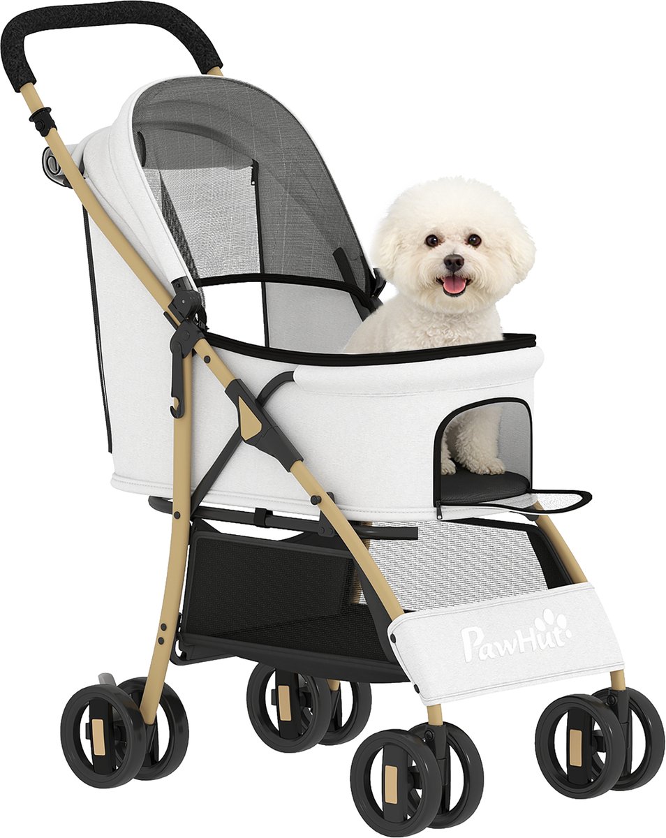 Hondenbuggy– Tot 15 kg – Lichtgewicht – Met Opbergmand en veiligheidsgordel – Wit