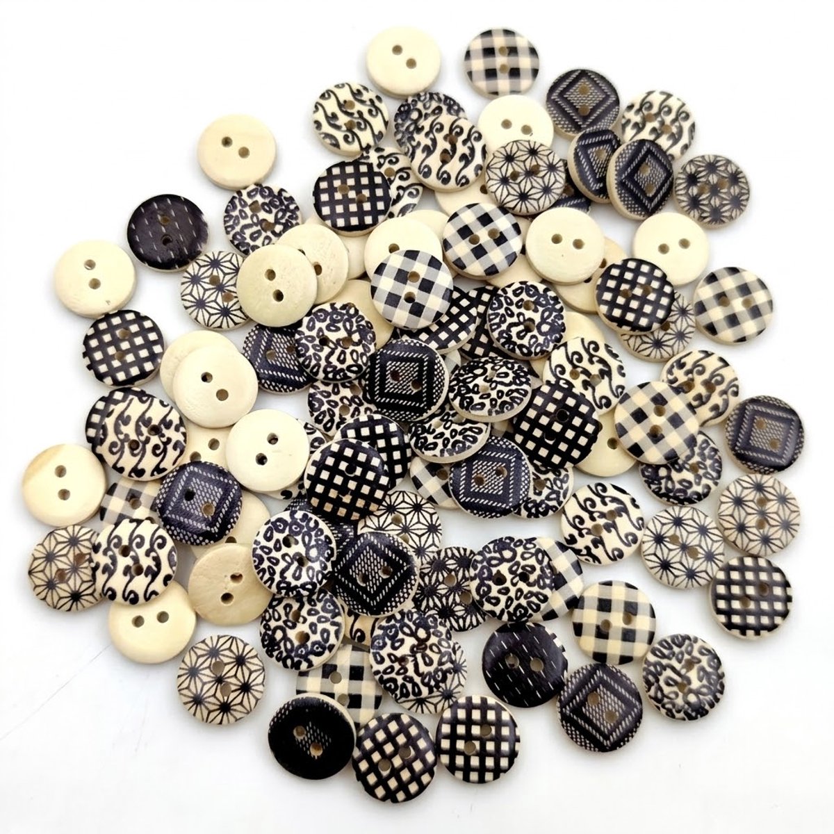 Zwart wit houten knopen set 50 stuks kleding knopen dames en heren rond 2 gaats knopen 15 mm met geruite en grafische patronen voor naaien knutselen en decoratie
