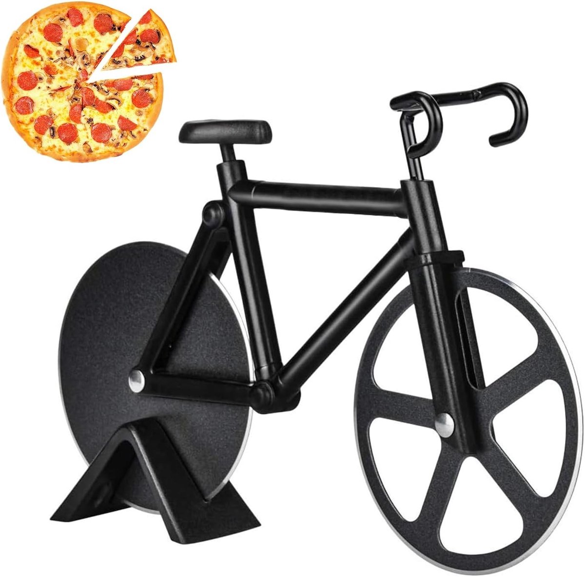 Stainless Steel Pizzasnijder met Houder voor Thuis en Keuken, 18 cm, Zwart - Ideaal voor Pizzaliefhebbers, Snijden, Keukenaccessoires