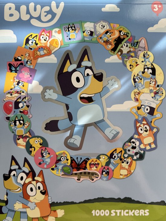 Stickers met Bluey en zijn familie. De stickers vormen een cirkel rond Bluey.