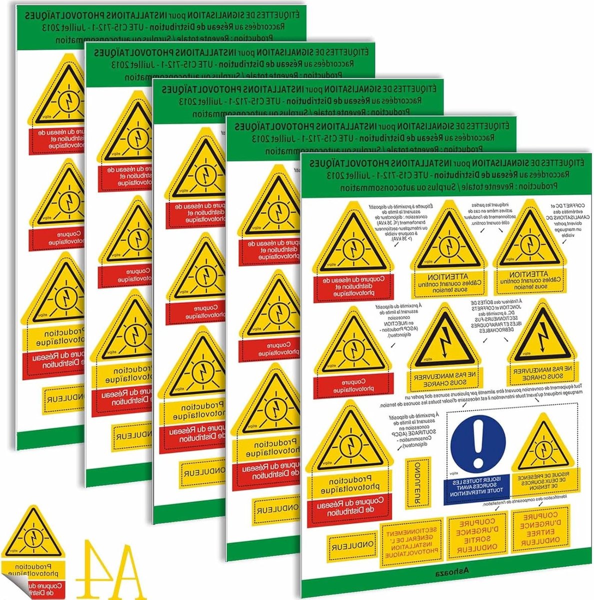 Zelfklevende labelapparaten voor bewegwijzering van fotovoltaïsche installaties en omvormers - Overbelastingsverkoop en volledige verkoop - Conform CONSUEL en UTE C15-712-1 (A4)