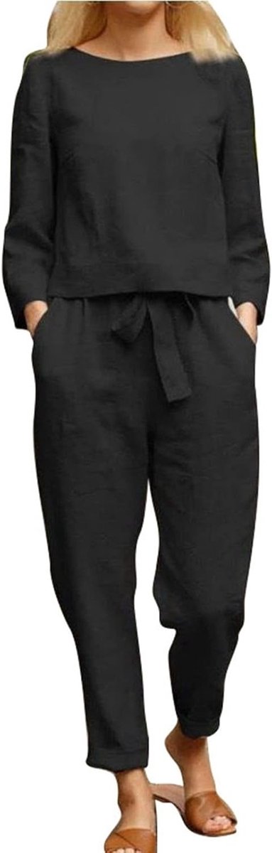 Casual 2-delige set voor dames met ronde hals, lange mouwen en wijde pijpen, ideaal voor lente en herfst, met zakken, zwart