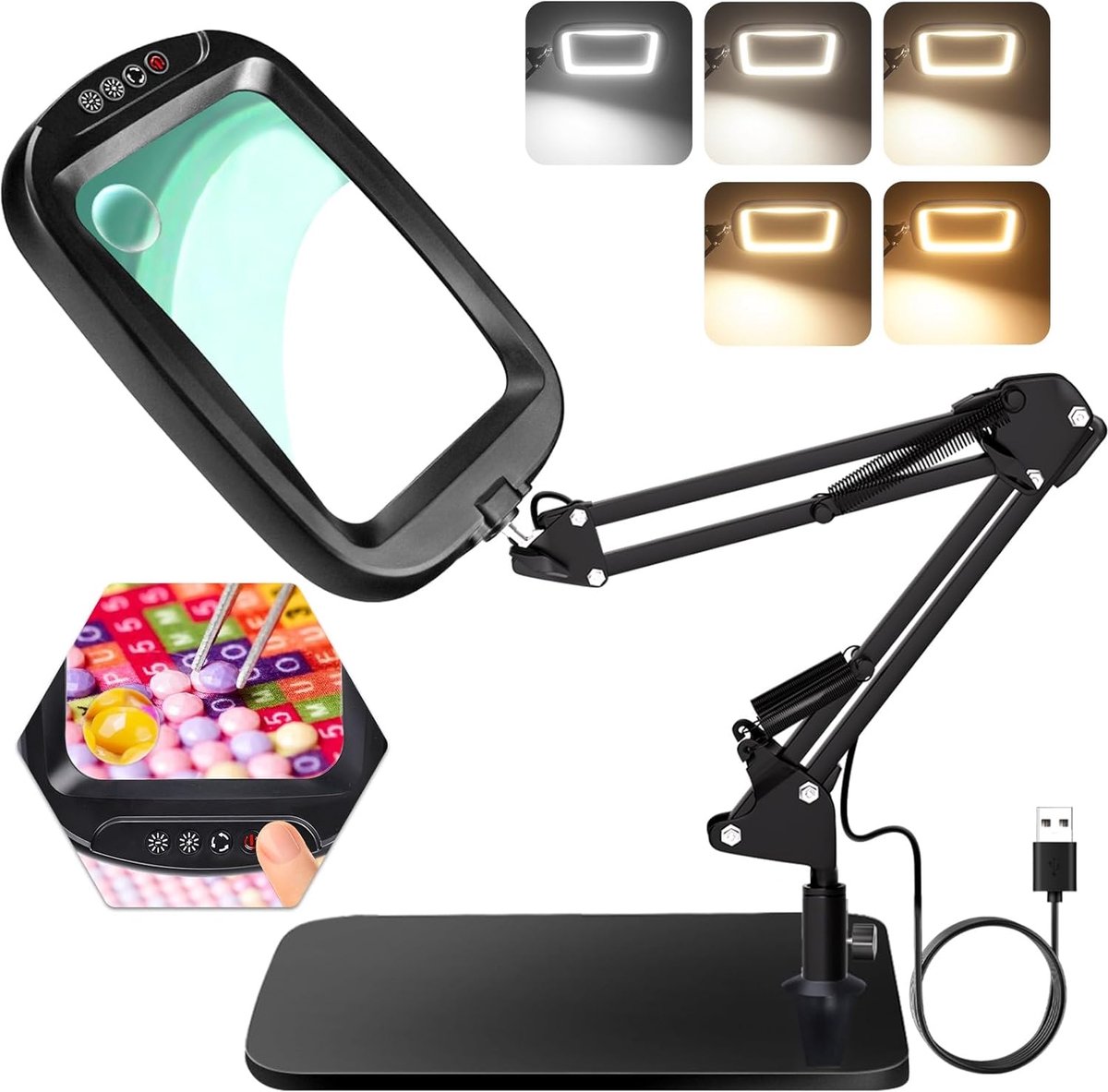 10 x 30 x Rectangular Magnifier - LED Illuminated Desk Lamp - 5 Colour Modes - 4 Dimming Levels - Hands-Free - Close Work - Reading - Craft - Hobby - USB Powered