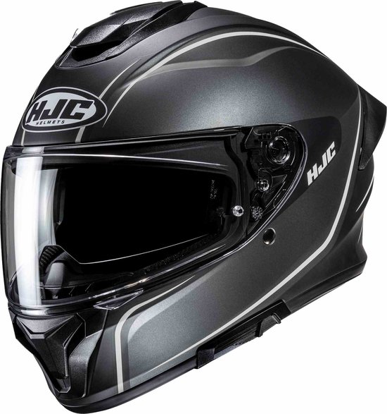 Donkergrijze HJC C71 helm met witte en zilveren strepen en een helder vizier.