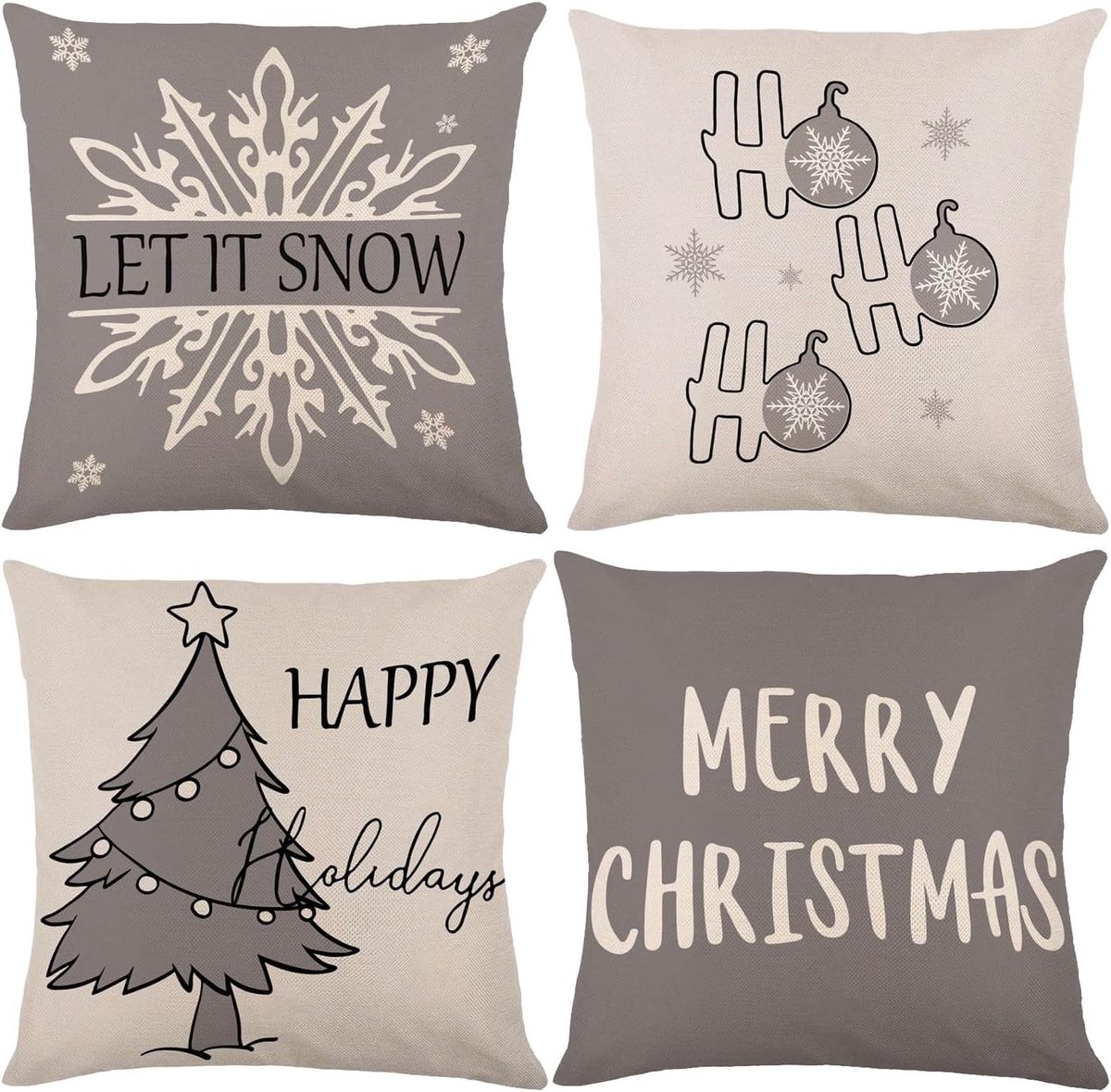 Throw Pillow Covers - Set van 4 Sierkussenslopen - Merry Christmas - Winterdecoratie - Kussenslopen 45 x 45 cm - Sneeuwvlok - Rendier - Kerstman