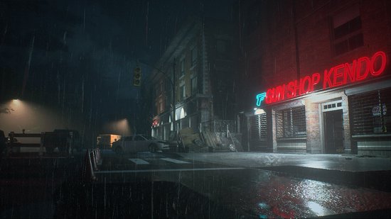 Regenachtige straat in een stad 's nachts. Neonlichten verlichten 'GUN SHOP KENDO'.