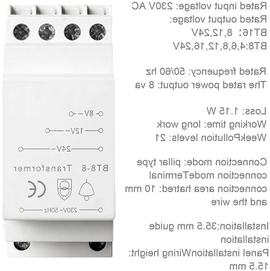 Transformator voor deurbel en chime met lage spanning, 8 V/12 V/24 V, DIN-rail montage, compact en veilig — afbeelding 2