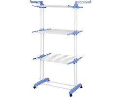 Wasrek met wieltjes - Kledingdroger toren - Ruimtebesparend drogen - Inklapbaar met zijvleugels - 170 cm hoog - Blauw