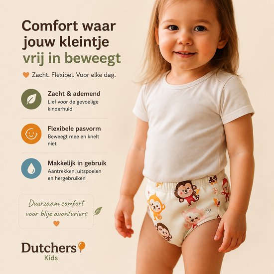 Lachend meisje met een oefenbroekje met aapjesprint.