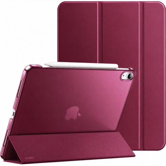 Felrode iPad hoes met iPad en stylus, op witte achtergrond. iPad hoes in de achtergrond.