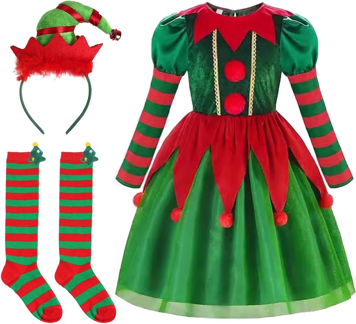 Kerstkostuum voor Kinderen 3-12 Jaar - Feeën Kostuum voor Meisjes met Hoofdband en Sokken voor Feestjes, Cosplay en Familiebijeenkomsten