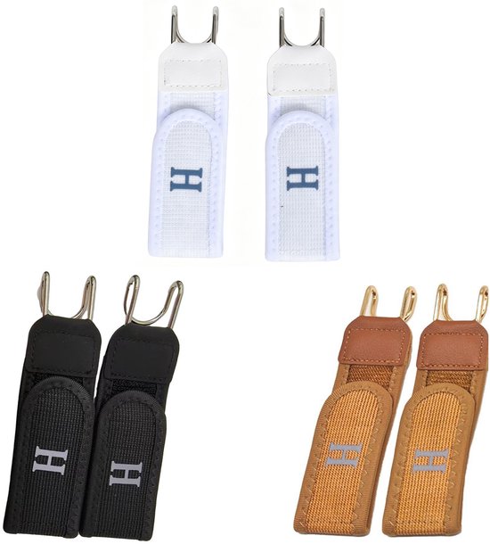Vier gesploze riemen: twee witte, twee zwarte, en twee bruine, elk met 'H' logo en metalen clips.