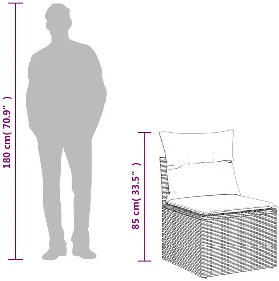 Chaise en rotin noir avec coussins, hauteur 85cm, à côté d'une silhouette de 180cm.
