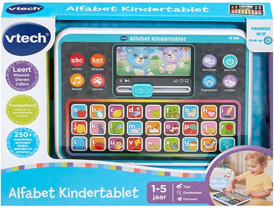 De verpakking van VTech Alfabet Kindertablet, een blauwgroen educatief speelgoed met letters, cijfers en een scherm.