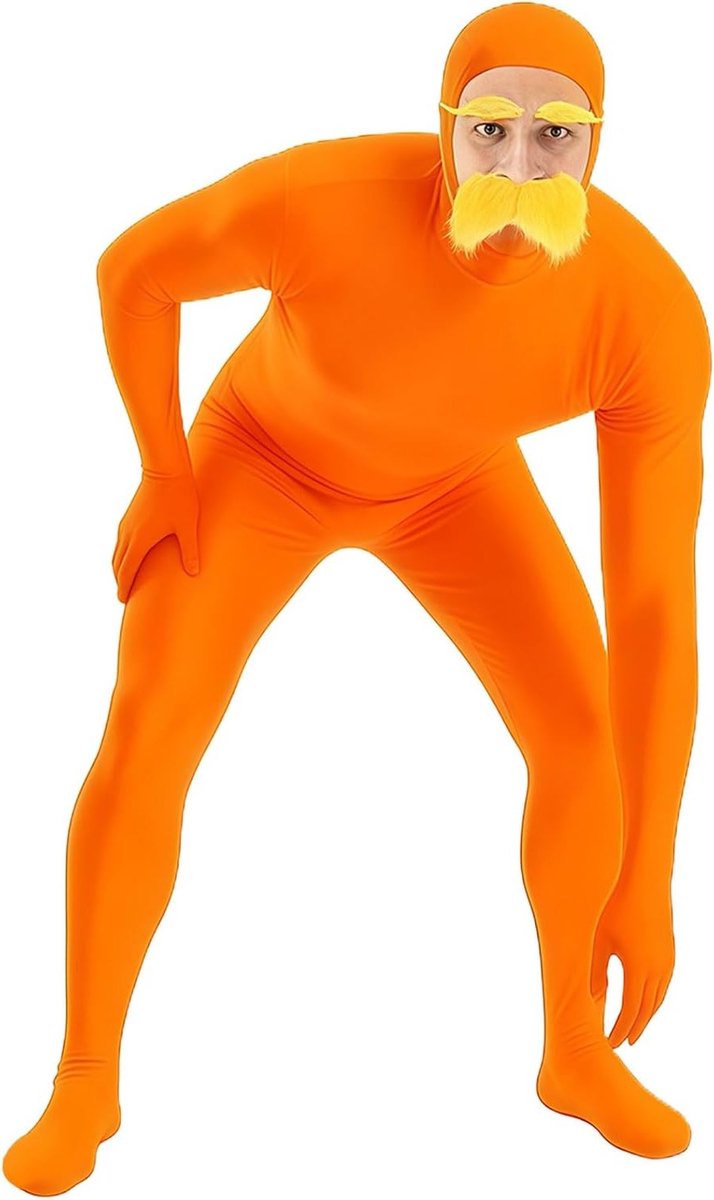 Lachwekkend oranje volledig kostuum voor mannen en vrouwen, inclusief snor, perfect voor Halloween en carnaval