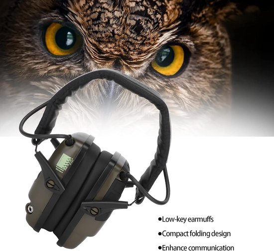 Klapbare, groene gehoorbeschermers met zwarte oorkussens en hoofdband, naast een close-up van een uil.