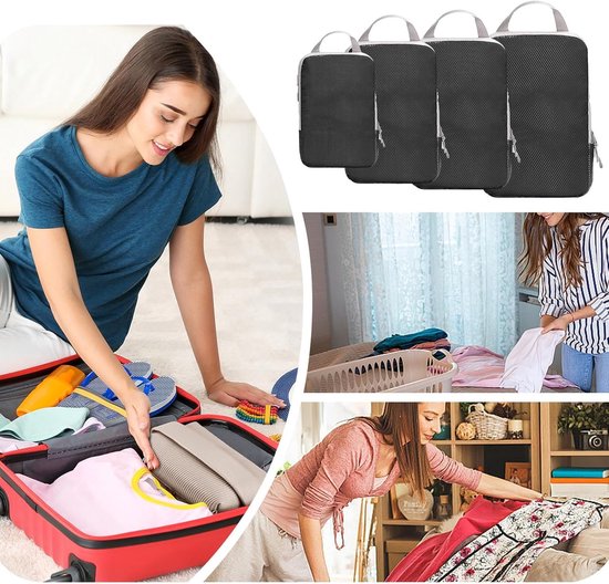 Reis Organizer Set - Koffer Organizers - Ruimte Besparen - Compressie Vacuüm - 4 Delig Set - Zwart Blauw — afbeelding 3