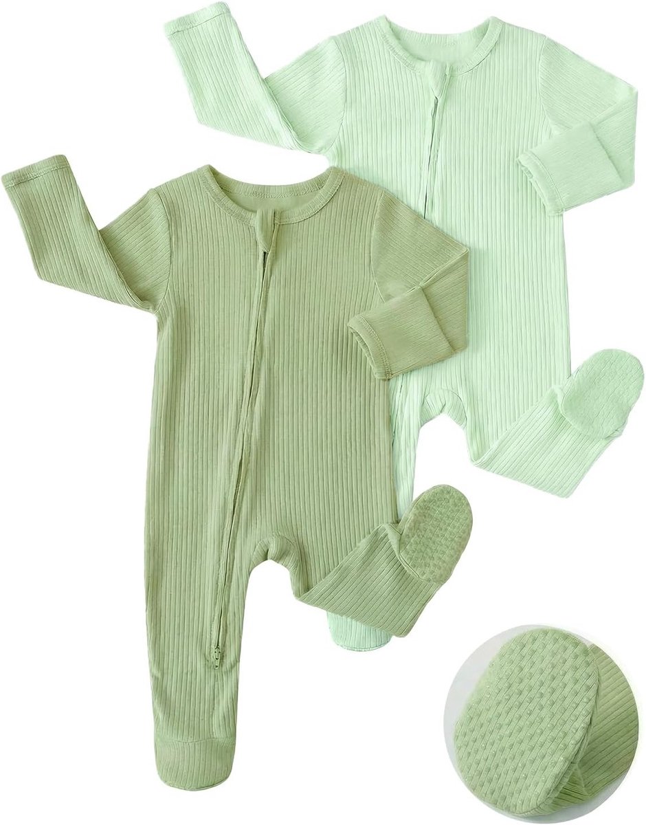 Katoenen Baby Pyjama's 2-Pack, Lange Mouwen Rompers voor Jongens en Meisjes, Geschikt voor 3-6 Maanden, Comfortabele Babykleding in Groen