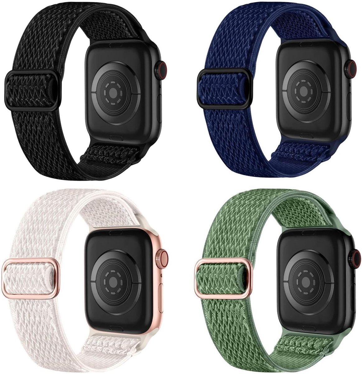 Set van 4 gevlochten nylon lusarmbanden voor Apple Watch 38 mm, 40 mm, 41 mm in zwart, olijfgroen en donkerblauw, geschikt voor Series 1 t/m 9
