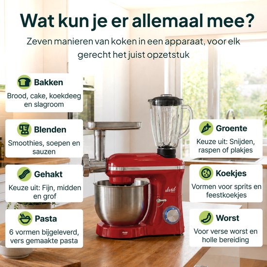 Keukenmachine multifunctioneel 2000W - Keukenrobot - Foodprocessor - Keukenmixer met RVS Mengkom - Incl. 15 Accessoires - Incl. Gehaktmolen en Blender 6.2L - Rood - Vivid Green van Vivid Green — afbeelding 4