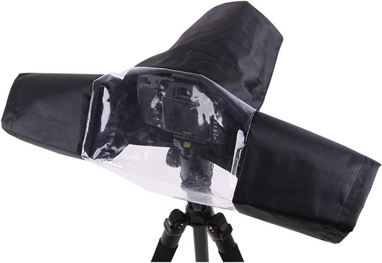 Zwarte, waterdichte cameraregenhoes met transparant venster, ontworpen om camera's te beschermen tegen weersinvloeden.