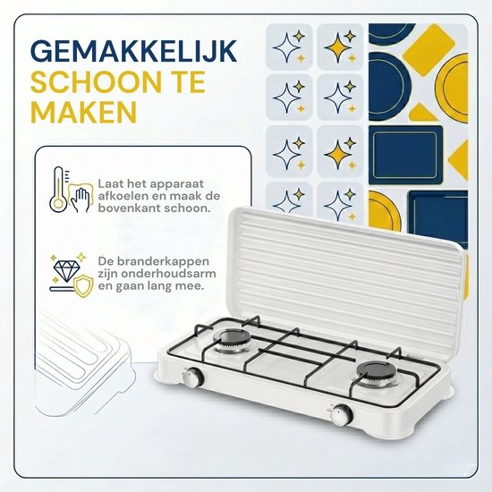 Royal Swiss® 2-Pits Gaskooktoestel Wit - 4.4KW Krachtige LPG Gasfornuis - Met Elektrische Ontsteking en Deksel - Draagbaar Camping Kooktoestel van Royal Swiss — afbeelding 4