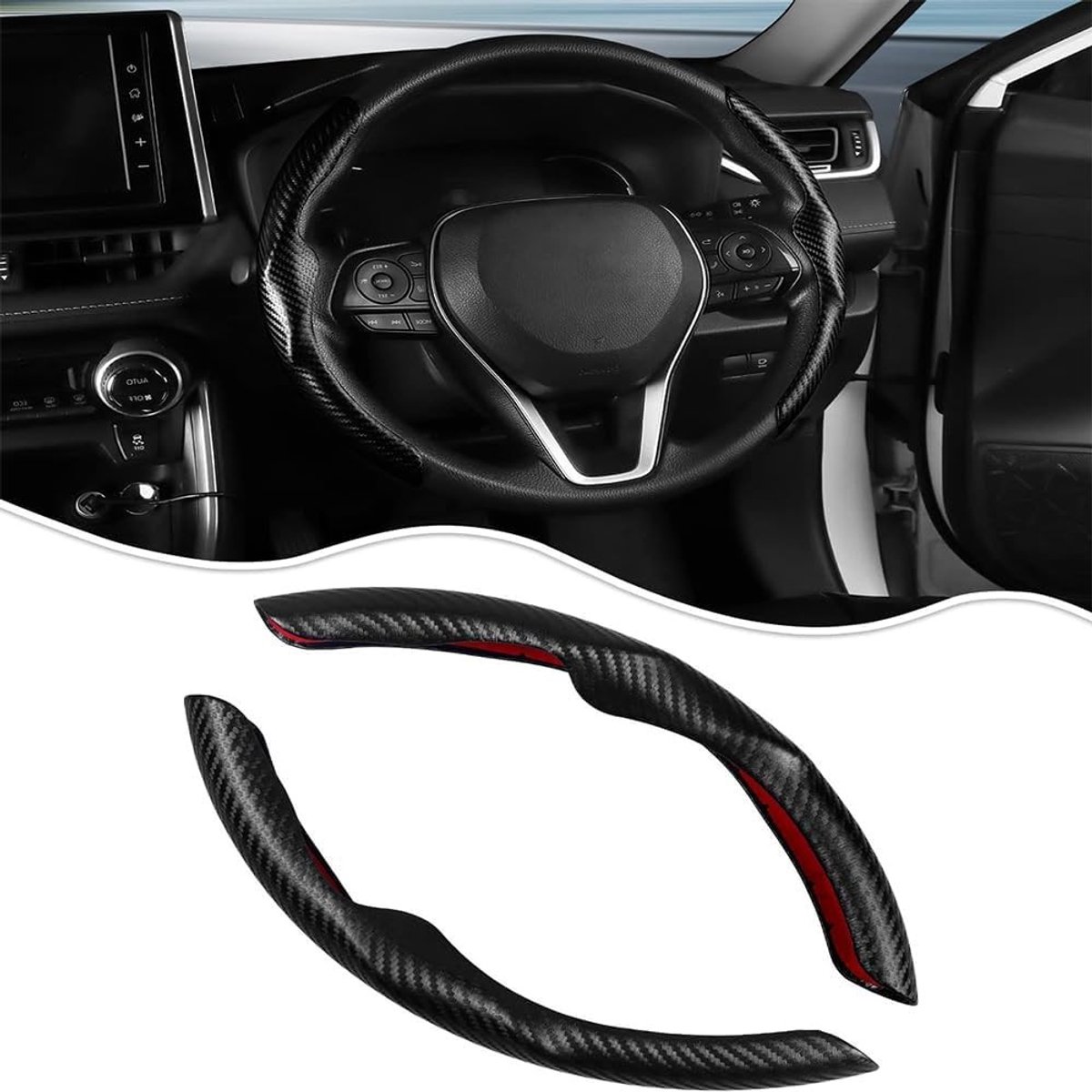 Carbon Fiber Stuurwielhoes voor Auto's - D en O Vorm, Geschikt voor de meeste Auto Modellen, 2 Stuks, 37-38 cm (Zwart) - Stijlvolle Auto Accessoires, Bescherming en Comfort