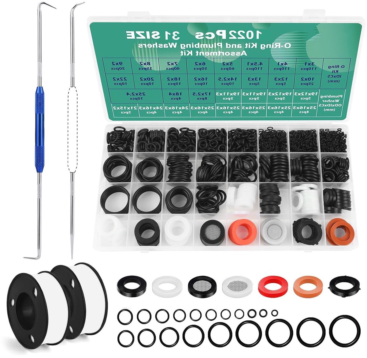 1022-Piece O-Ring Assortiment met 31 Rubber Sealing Ringen, Draadafdichtband en Zwarte Seals voor Kranen, Tuinslangen en Pijpreparaties
