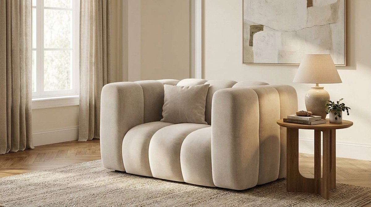 2-Zits Fauteuil - Industrohome Grand Lounge Loveseat Licht Beige - Luxe Velours Relaxbank - Moderne Gestoffeerde Sofa met Sierkussens - Comfortabele Design Fauteuil voor Woonkamer & Slaapkamer