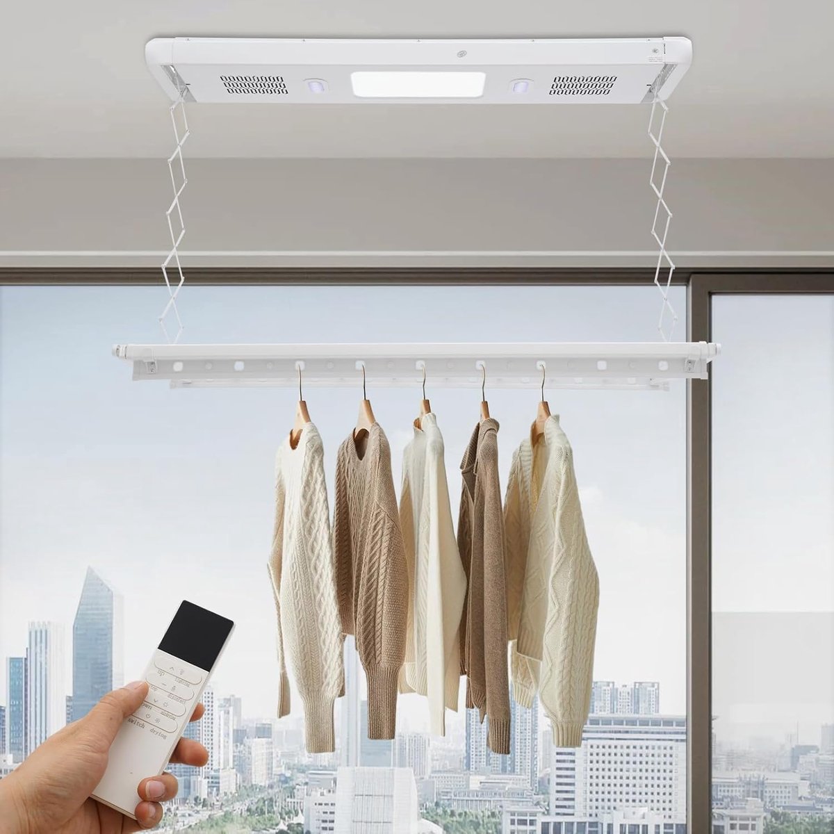 Elektrisch Wasrek Waskelder Droger Ruimtebesparend Droge Afstandsbediening Sterilisatie 130-215cm Verstelbaar Wit