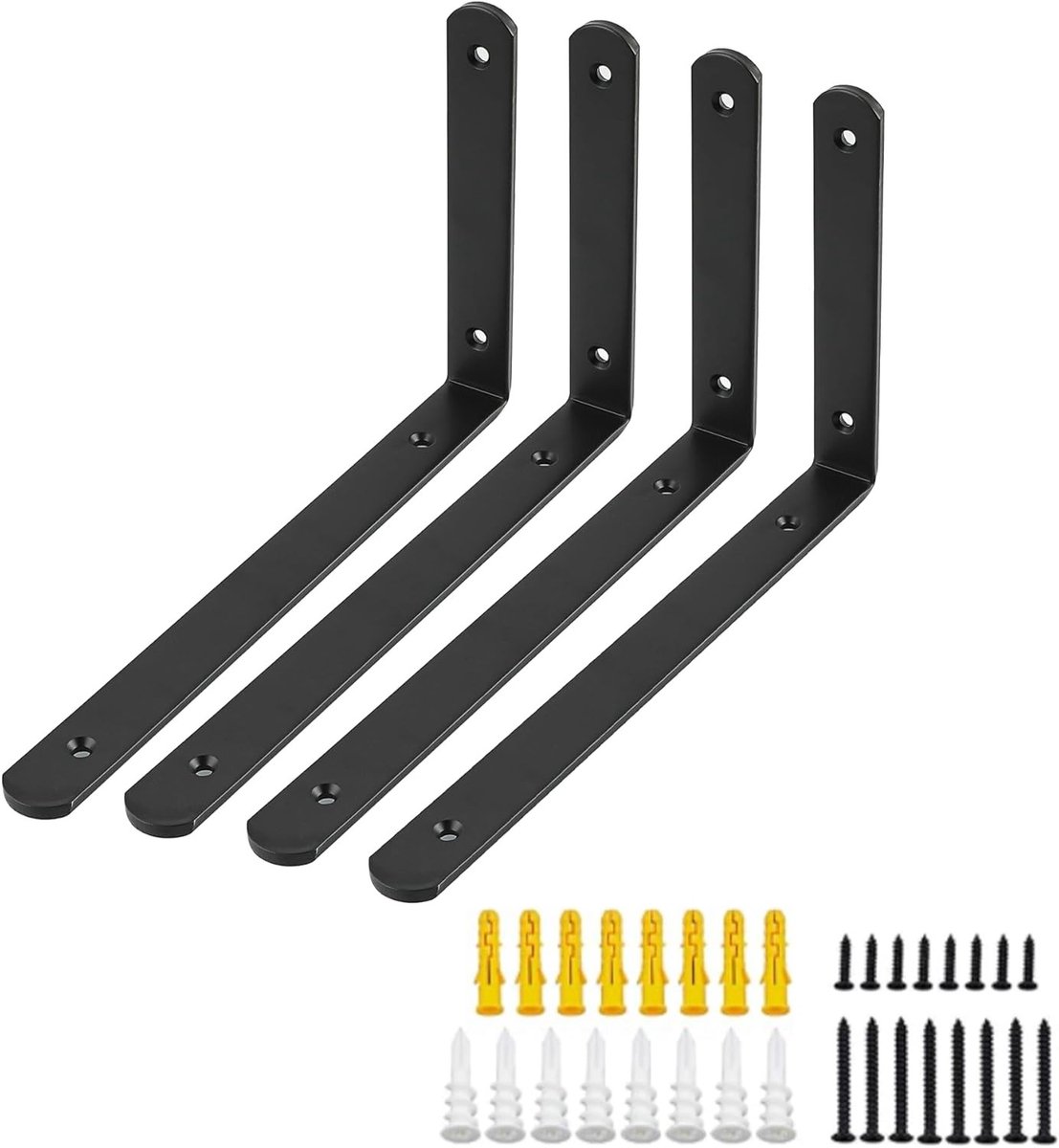 Zwarte 4-delige stevige hoeksteunen, metalen L-vormige planksteunen, 25×15×2.5cm voor wandplanken en ophangsystemen, ideaal voor het ondersteunen van hangende items