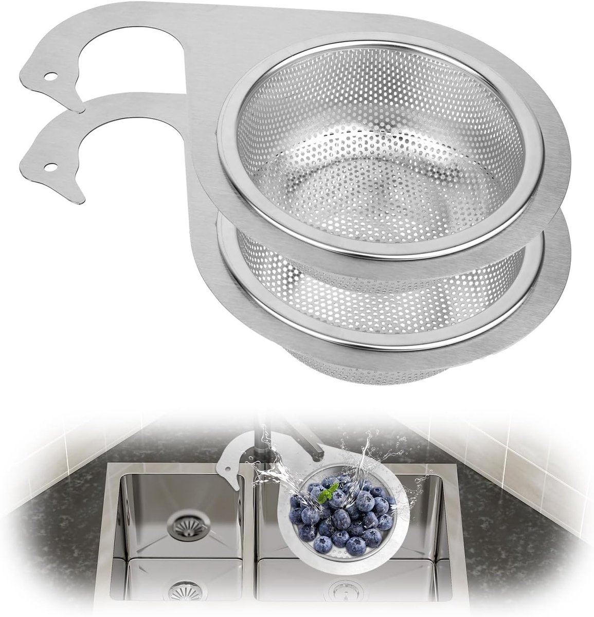 2 Stuks RVS Zwanenafvoer Strainer Mand, Multifunctionele Hangende Afvoer Basket voor Snelle Afvoer van Groenten en Fruit in de Keuken